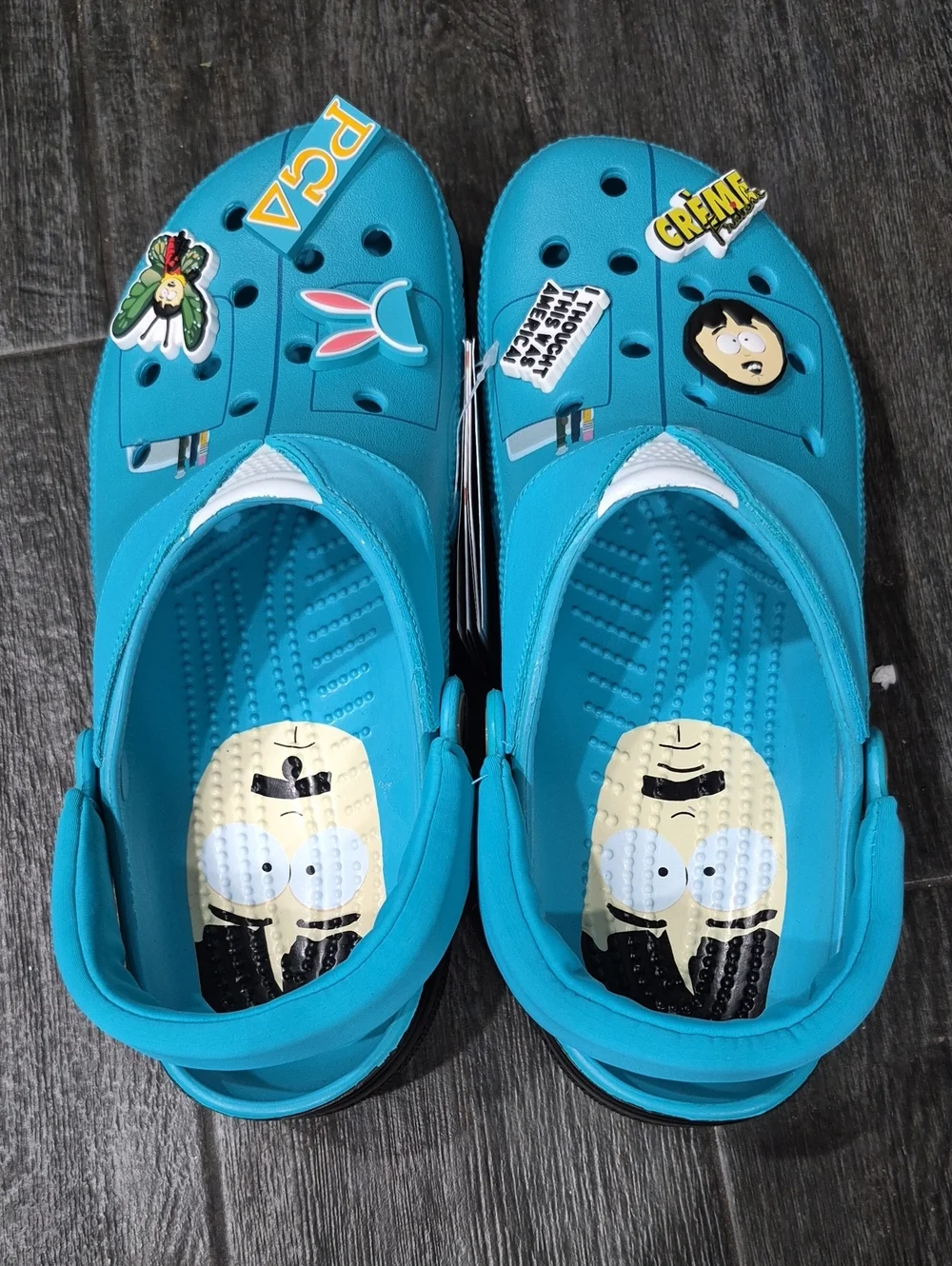 Adult South Park Randy Teal Slip-On Crocs with Fun Jibbitz Size 10